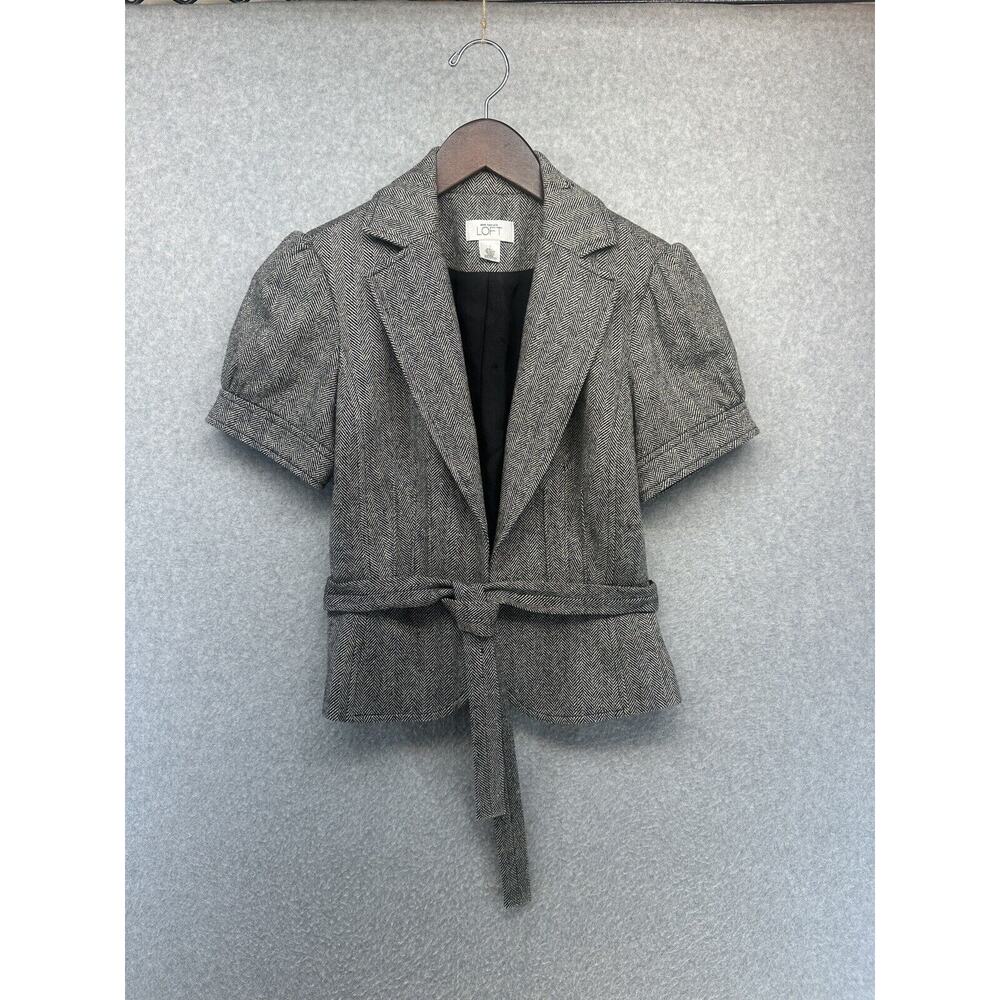 Ann Taylor Loft Womens Jacket Gray Herringbone Belted Wool Cap Sleeve *blemish*